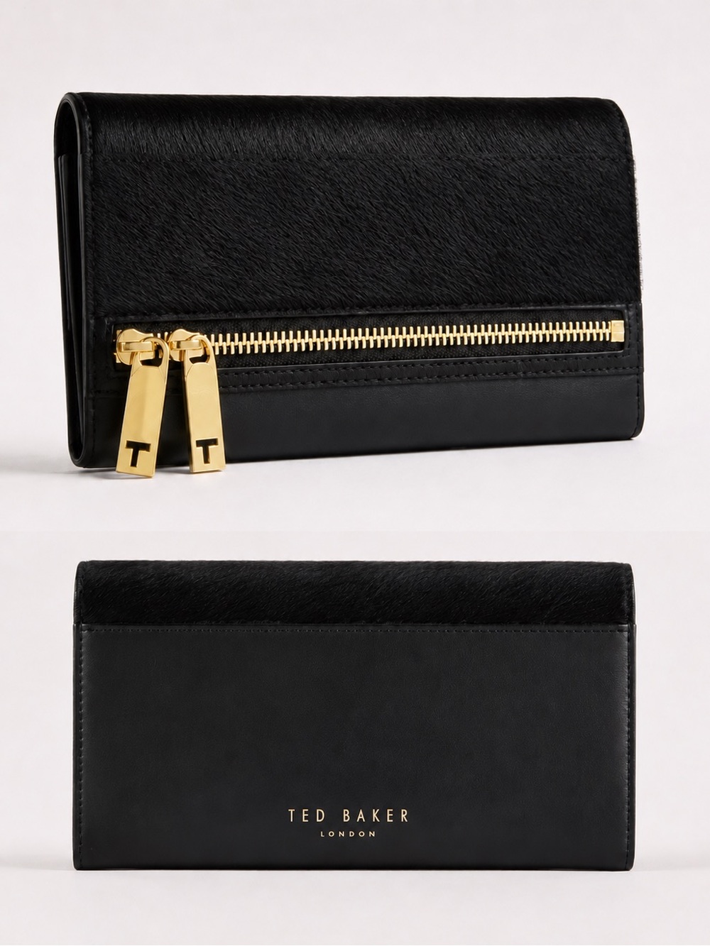 Ted Baker Black Clutch with Gold Hardware and Faux Fur